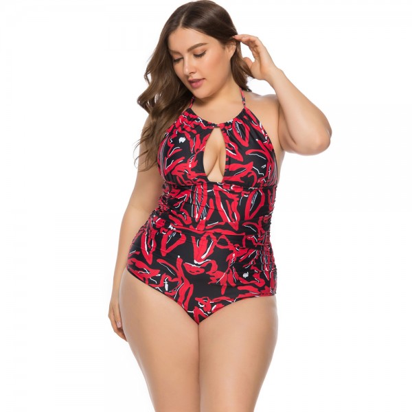 European and American large size non-steel ring printed swimsuit one-piece of triangle