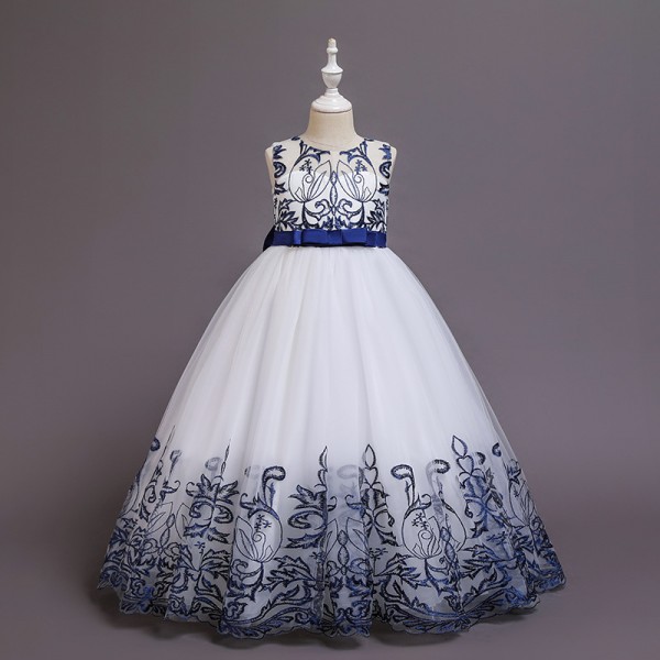 Blue White Princess Dress Long Skirt Girls Costumes Outfit