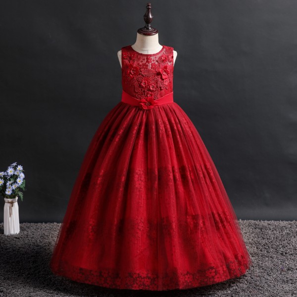 Girls Dress Princess Costumes Dark Red Long Skirt 