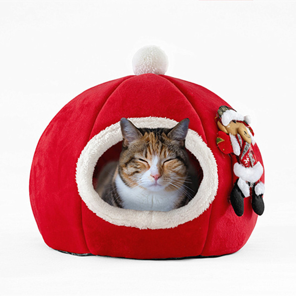 Red Fun Cat Christmas Bed Cave