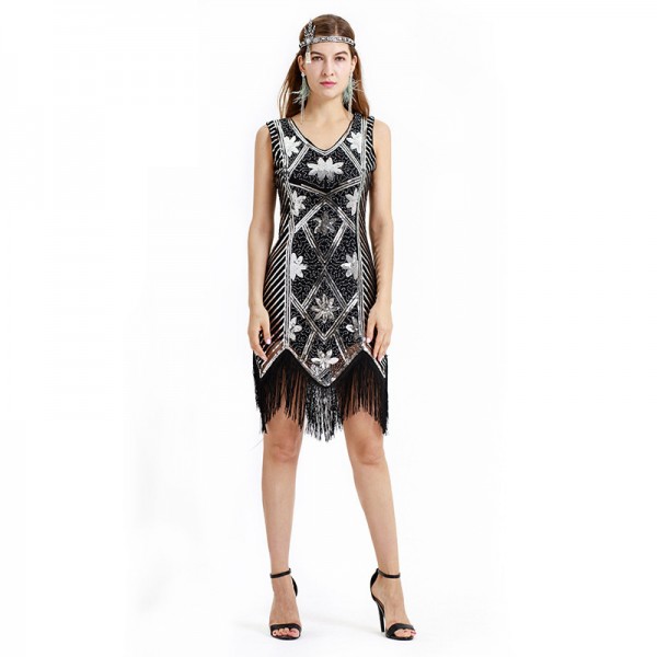 Black Plus Size Fringe Flapper Costume Dress For Women