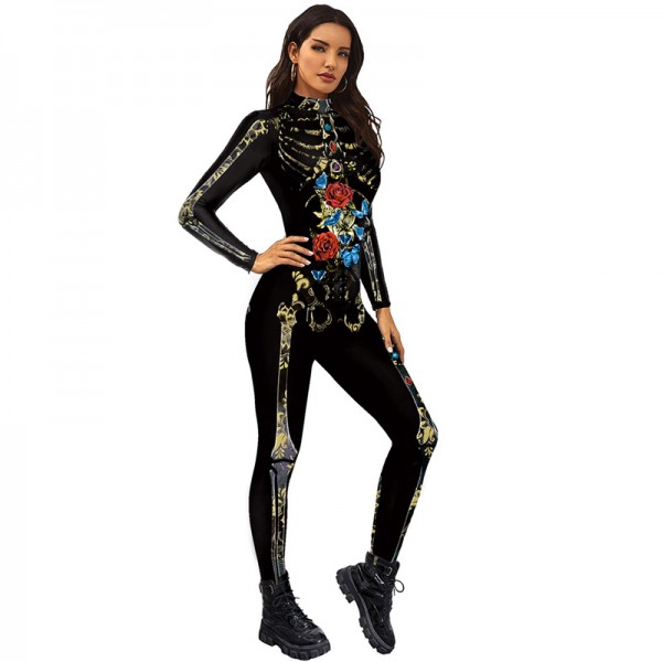 Adult Black Skeleton Bone Jumpsuit Costume 