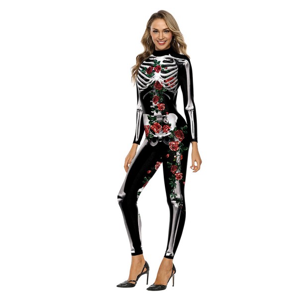 Adult Skeleton Bone And Rose Jumpsuit Costume 