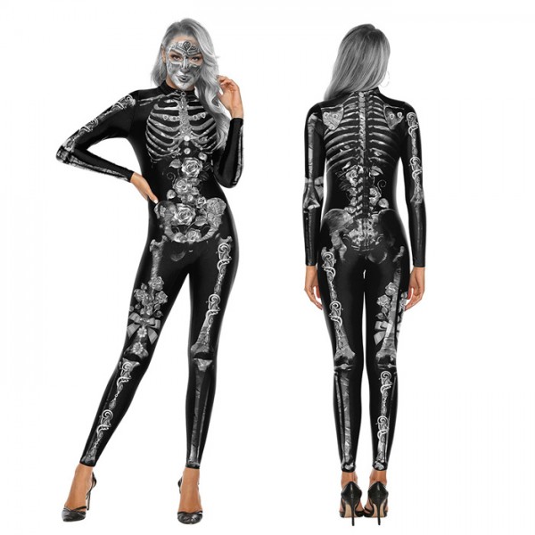 Adult Skeleton Gray Bone Jumpsuit Costume 
