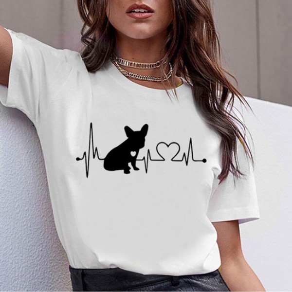 Cute White Heart And Dog Print Round Neck T Shirts