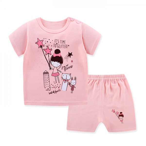 Pink Girls Round Neck T Shirt Set 