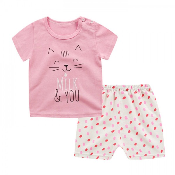 Girls Round Neck Pink Cat T Shirt Set