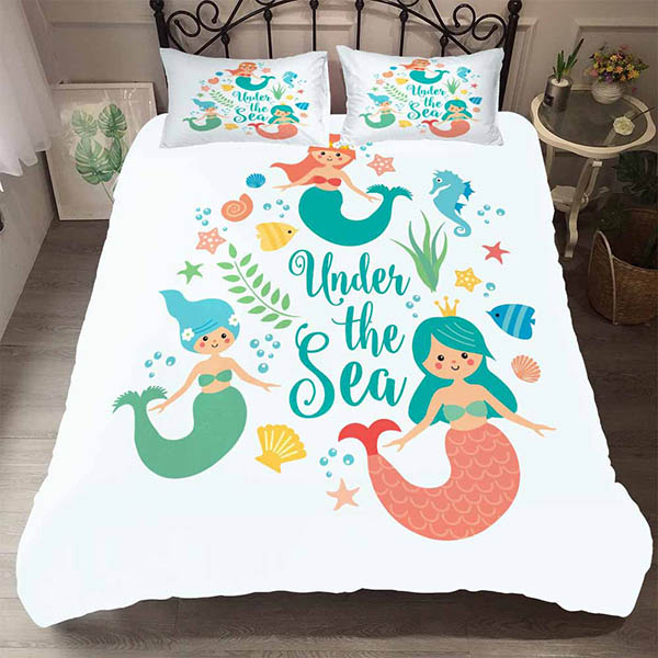 Three Picecs Comforter Set Cartoon Mermaid Bedding