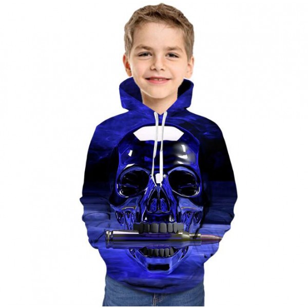 skull sweatshirt blue pullover hoodie for boys