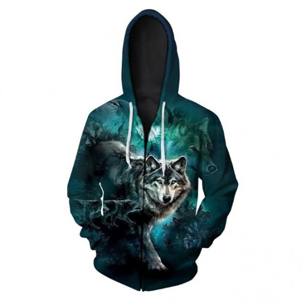 3D style adult wolf zip up hoodie mens sweatshirts