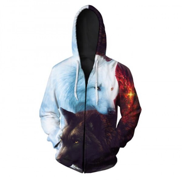 3D digital printing mens zip up hoodies wolf hooded sweatshirts