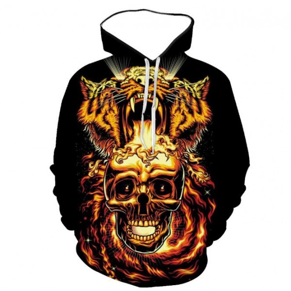mens pullover 3D print tiger hoodie and skull sweatshirt