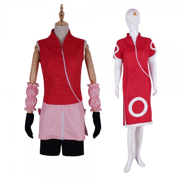 Classic anime costume Naruto heroine Haruno Sakura cosplay red dress set