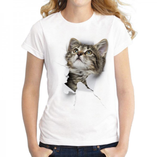 White Print Funny Cat Shirts For Women
