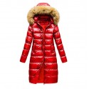 Women Jacket Black Red And Blue Puffer Coat Faux Fur Hooded Long Sleeves Quilted Jacket For Winter