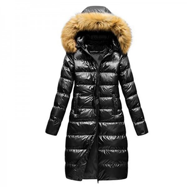 Women Jacket Black Red And Blue Puffer Coat Faux Fur Hooded Long Sleeves Quilted Jacket For Winter