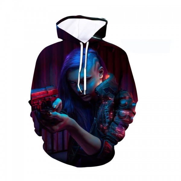 Hot Cyberpunk 2077 Printing Adult Unisex Pink Blue Hoodie Sweater 