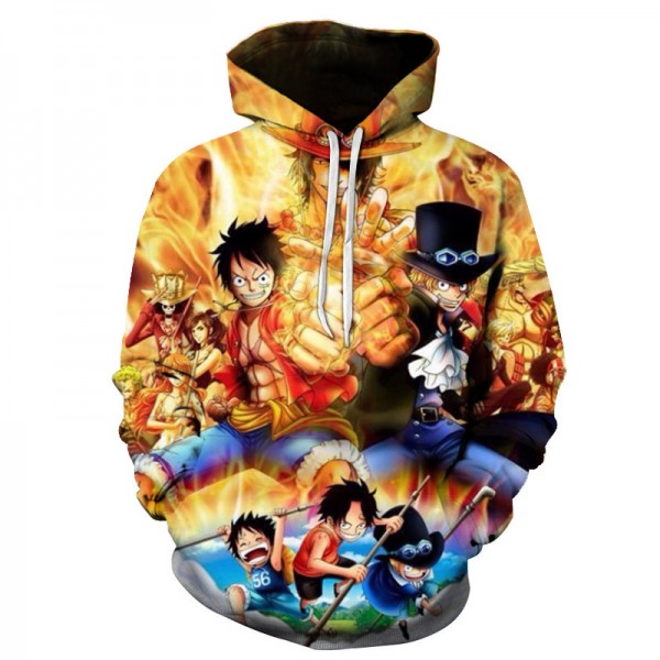 Anime One Piece Luffy Ace Printing Adult Unisex Orange Hoodie Sweater 