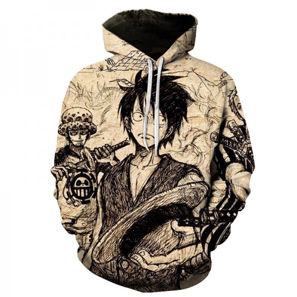Anime One Piece Luffy Ace Printing Adult Unisex Light Brown Hoodie Sweater 