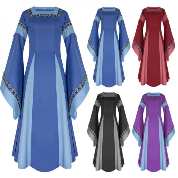Two-color stitching big flared sleeves medieval palace retro dress