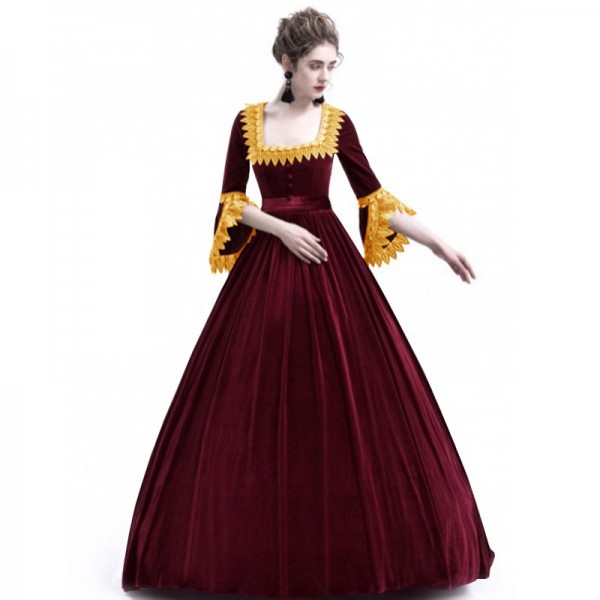 Autumn and winter women's high-end solid color medieval palace dress