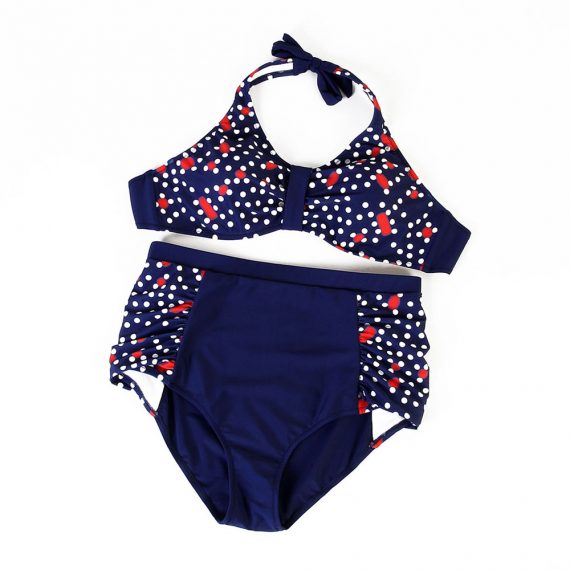 Plus size retro polka dot hanging neck two-piece swimsuit bikini