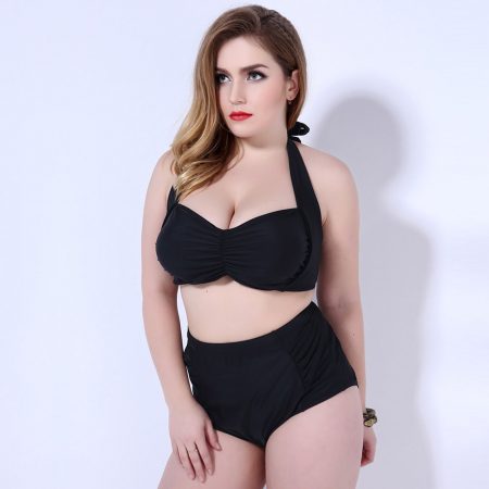 Large size high waist solid color unpatterned bikini swimsuit
