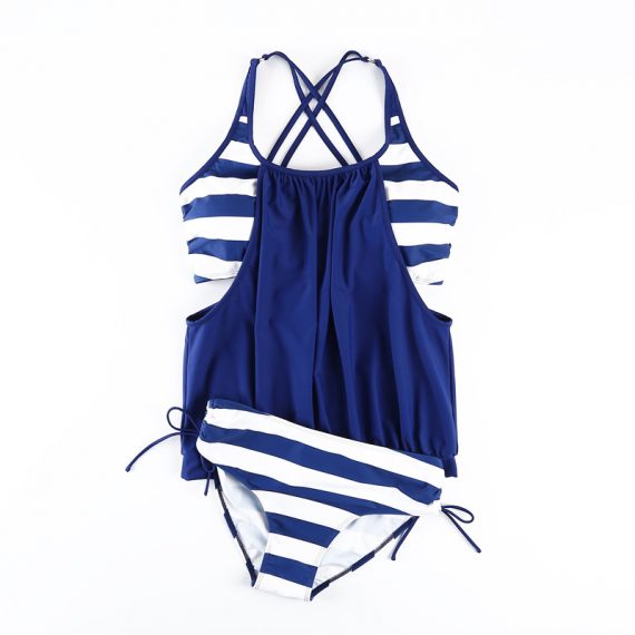 Solid color striped high elastic large size leaky back sexy swimsuit