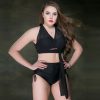 Sexy back solid color patternless plus size high waist split two-piece swimsuit