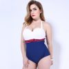 Solid color plus size leaky back sling one-piece swimsuit with steel ring