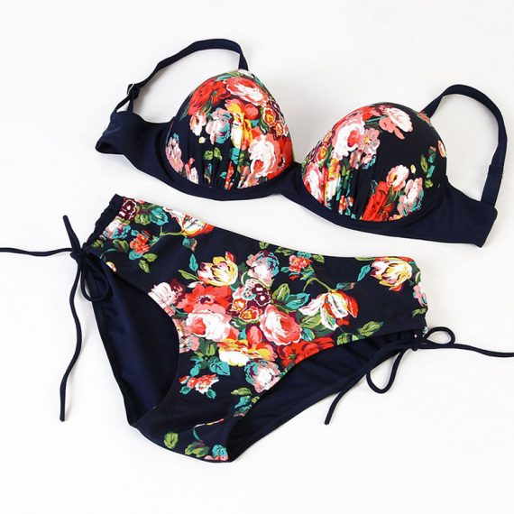 with chest pad and steel ring sexy split floral pattern bikini plus size ladies swimsuit