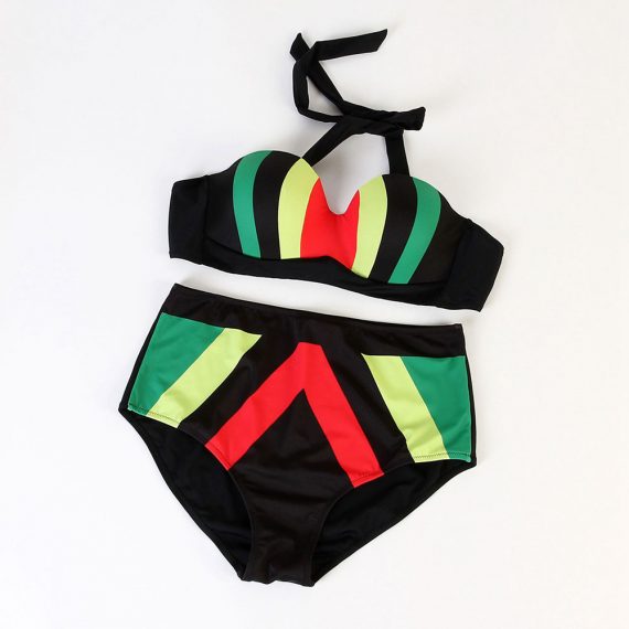 Multicolor striped pattern large size two-piece split bikini with steel ring swimsuit