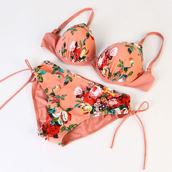 with chest pad and steel ring sexy split floral pattern bikini plus size ladies swimsuit