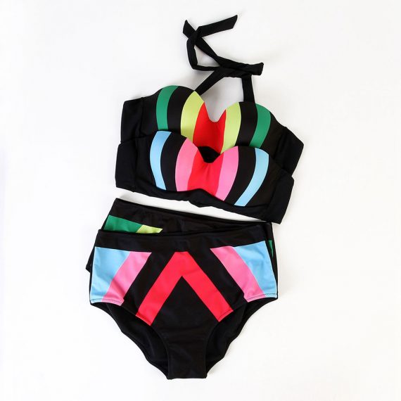 Multicolor striped pattern large size two-piece split bikini with steel ring swimsuit