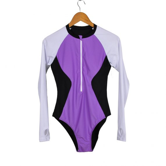 Contrast stitching patternless long-sleeved slim sexy swimsuit