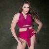 Sexy back solid color patternless plus size high waist split two-piece swimsuit