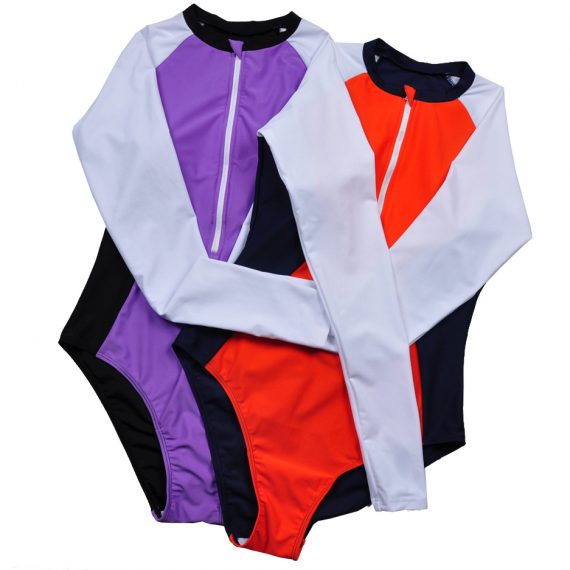 Contrast stitching patternless long-sleeved slim sexy swimsuit