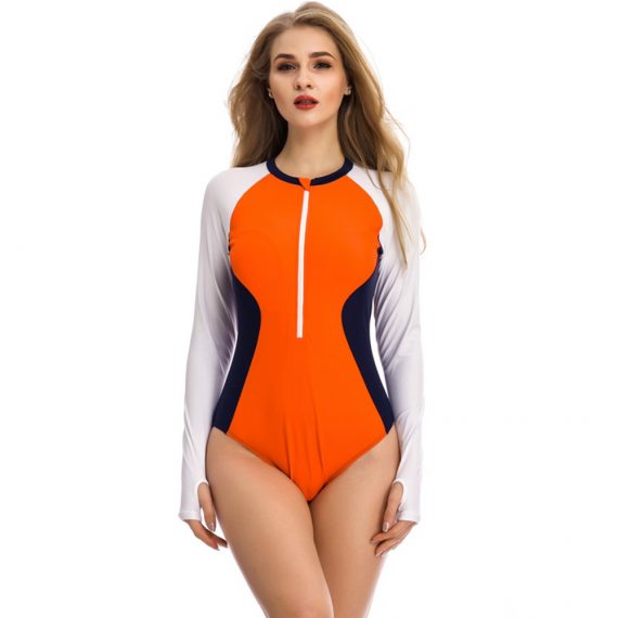 Contrast stitching patternless long-sleeved slim sexy swimsuit