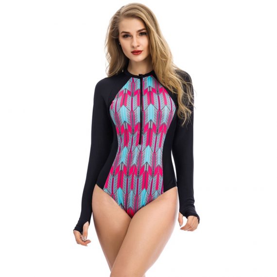 Long sleeves Sexy back leak Triangle one-piece swimsuit wetsuit Zip on chest