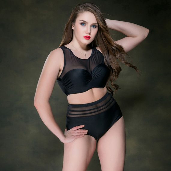 Net yarn plus size solid color unpatterned bikini swimsuit two-piece