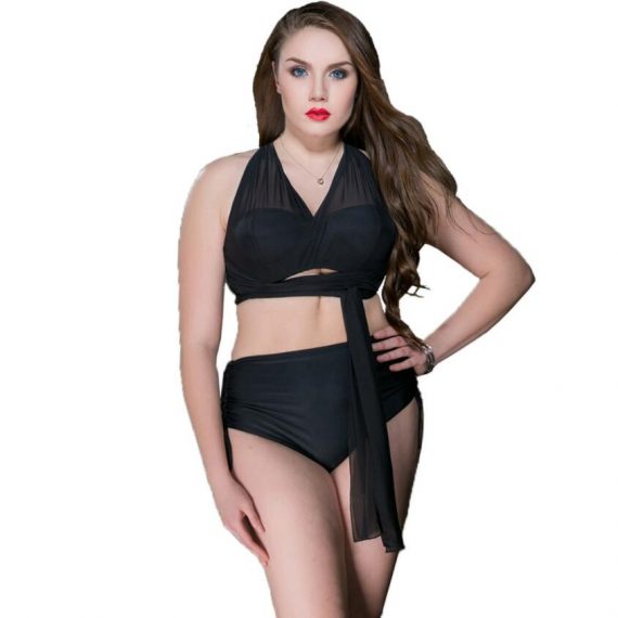Sexy back solid color patternless plus size high waist split two-piece swimsuit