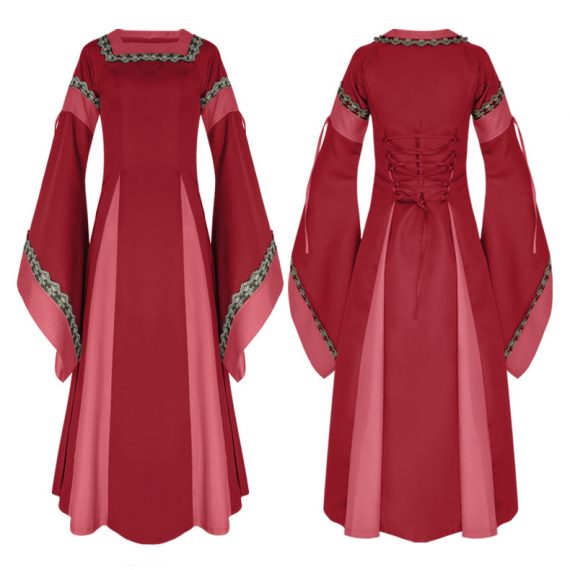Two-color stitching big flared sleeves medieval palace retro dress