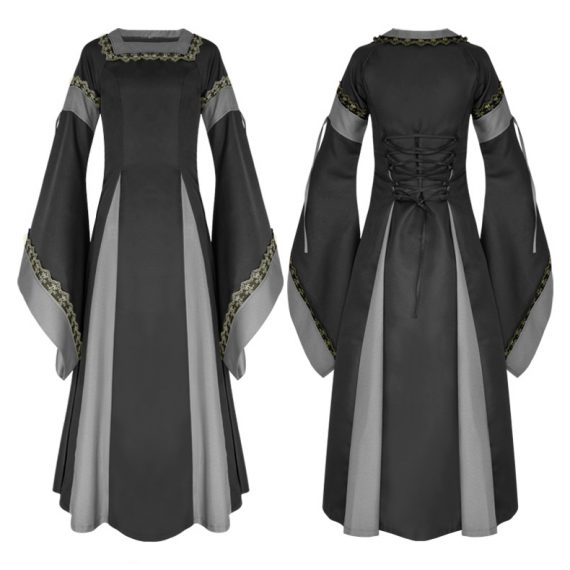 Two-color stitching big flared sleeves medieval palace retro dress