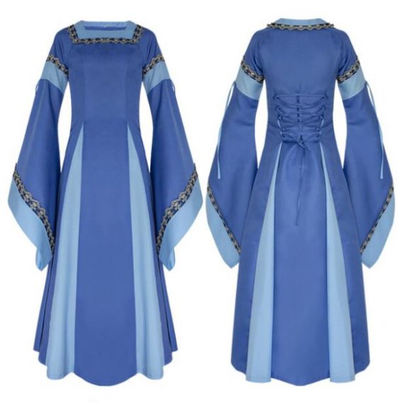 Two-color stitching big flared sleeves medieval palace retro dress