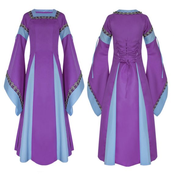 Two-color stitching big flared sleeves medieval palace retro dress