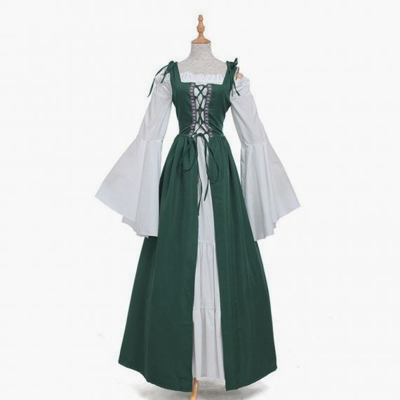 Square neck tie waist dress European and American medieval Renaissance retro clothing