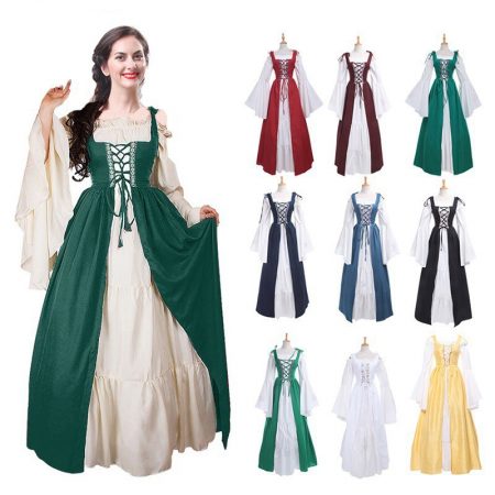 Square neck tie waist dress European and American medieval Renaissance retro clothing