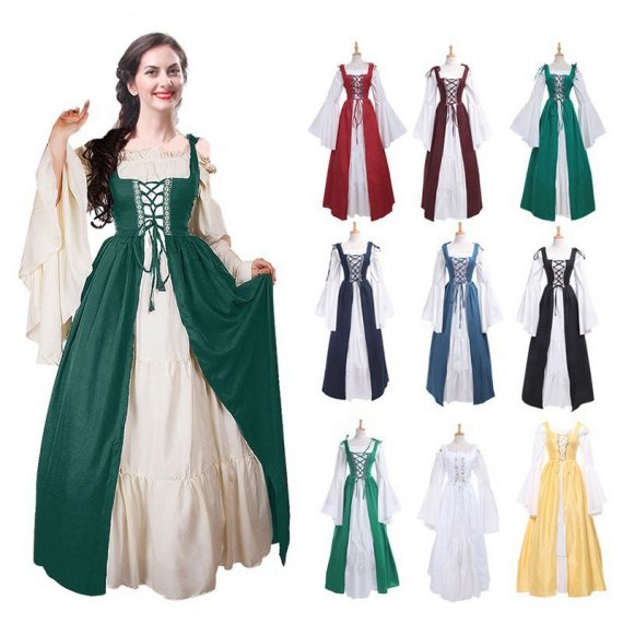 Square neck tie waist dress European and American medieval Renaissance retro clothing