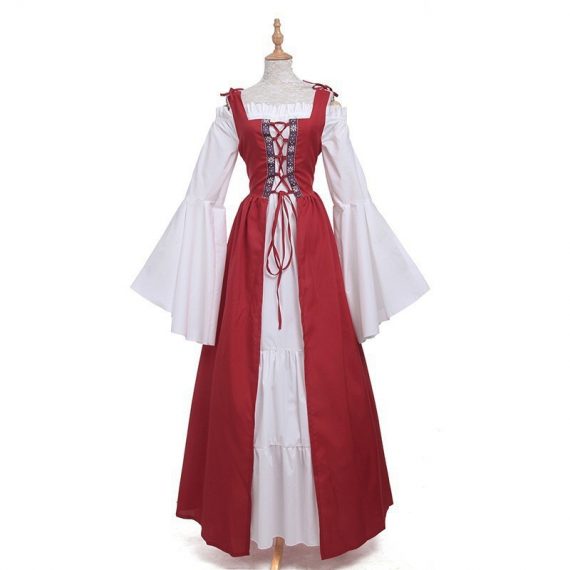 Square neck tie waist dress European and American medieval Renaissance retro clothing