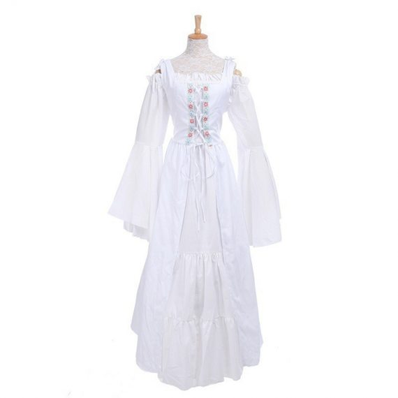 Square neck tie waist dress European and American medieval Renaissance retro clothing